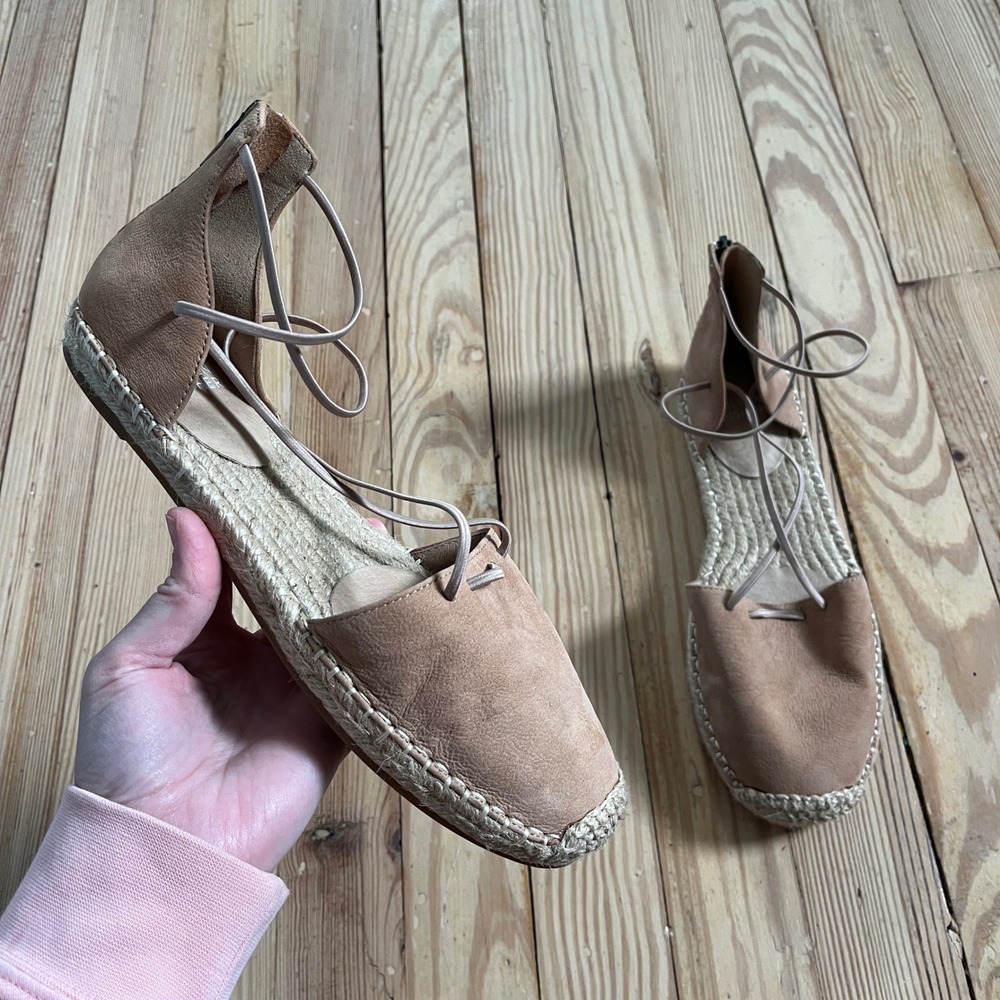 Eileen Fisher Espadrille Flats Womens 8 Tan Leather Lace Up Ankle Wrap WORN 1X